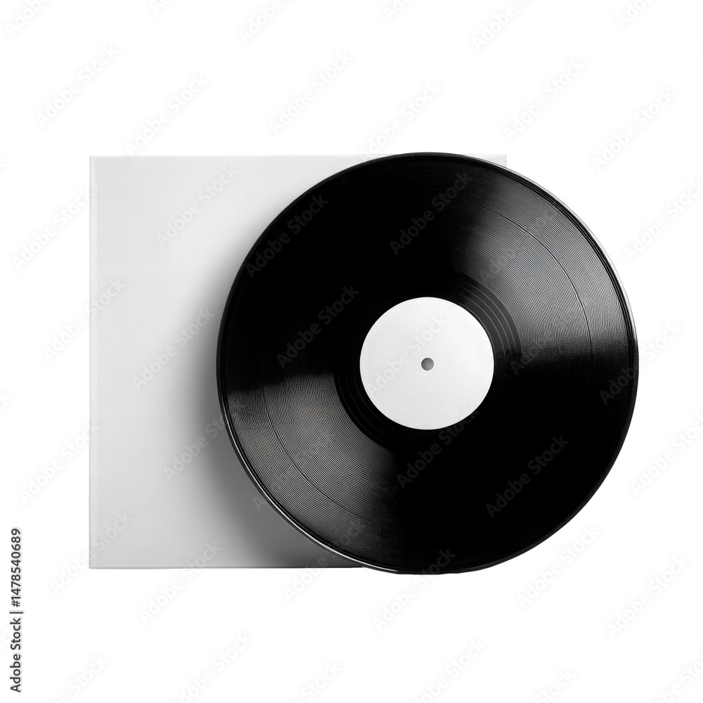 Obraz premium Black Vinyl Record Is Positioned Next To a white page isolated on a transparent background