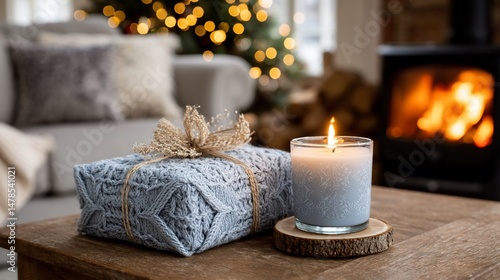 Cozy Christmas Gift by Fireplace