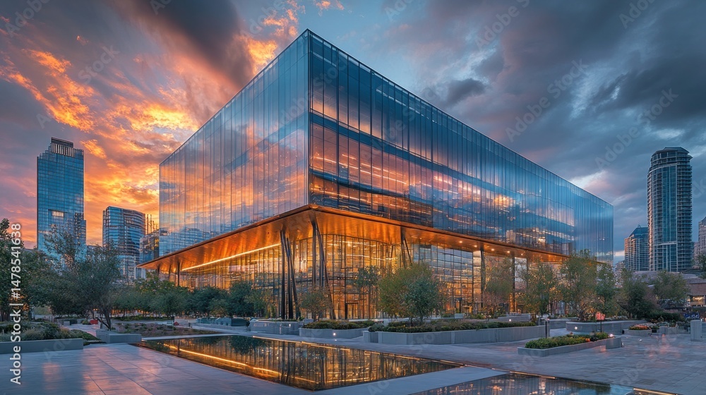 Obraz premium Modern Glass Skyscraper at Sunset, Cityscape Reflection