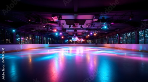 Roller skating rink with disco lighting empty floor space awaiting skaters under vibrant neon ambiance