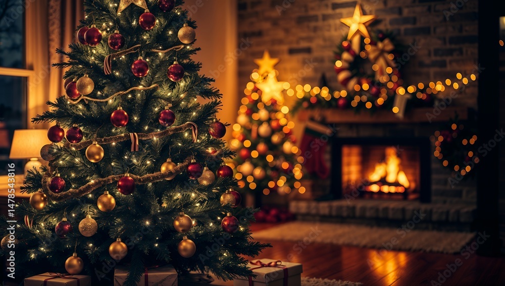 Obraz premium Elegant Christmas Tree in Cozy Living Room with Fireplace and Gift Boxes - Generative AI