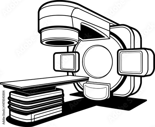 Clean black outline of linear accelerator machine with gantry and patient table, ideal for radiotherapy diagrams, medical infographics, oncology visuals, and survivor awareness designs