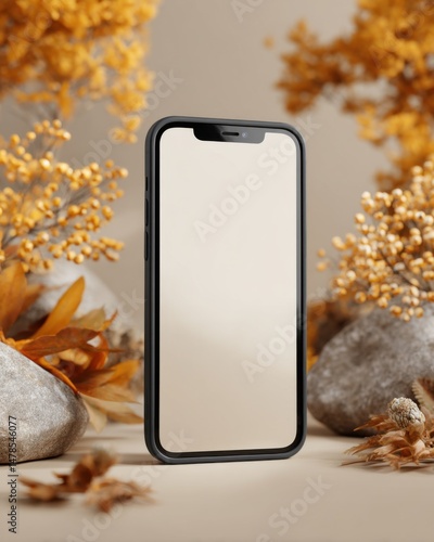 Smartphone mockup display amidst autumn foliage and natural stone elements in a studio setting product photography