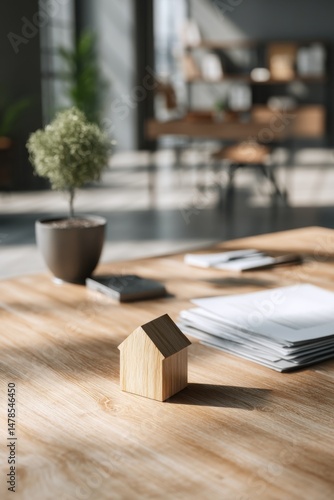 Wooden house model on table in bright office space with plant and documents real estate concept close up eye level