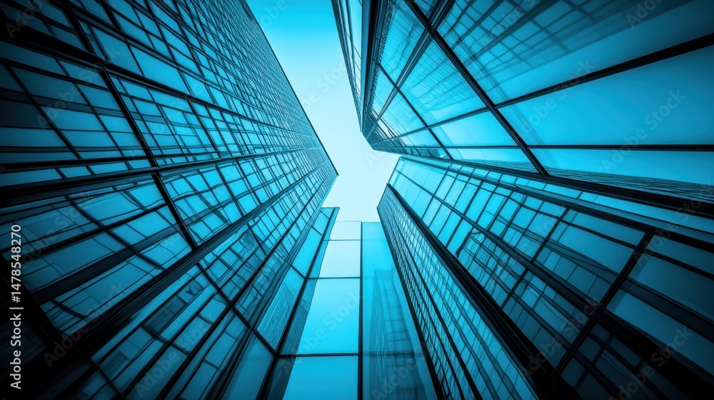 Obraz premium Modern skyscrapers viewed from below, showcasing glass architecture and bright blue sky