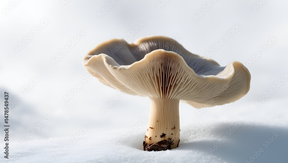 Detailed closeup of a single oyster mushroom with visible cap texture and stem structure, isolated on white, symbolizing natural fungi