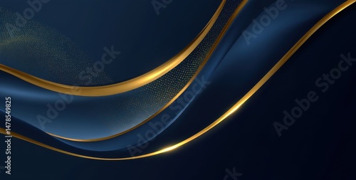 Dark navy blue and gold abstract design with flowing lines.
