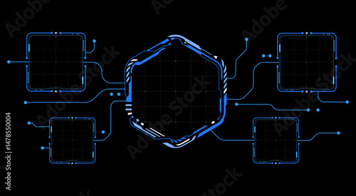 Abstract HUD dashboard flow diagram with futuristic hologram frame. Ideal for sci-fi interfaces, tech dashboards, virtual UI, data visualization, and high-tech digital design backgrounds.
