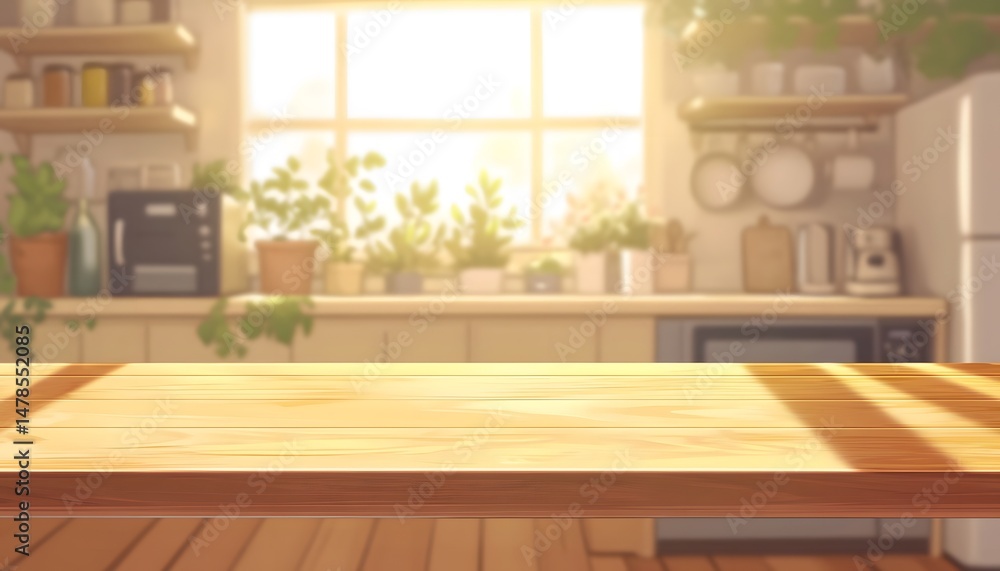Fototapeta premium Empty wooden kitchen table in a sunlit room.
