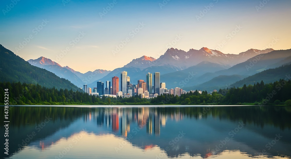 Naklejka premium Mountain City Reflection