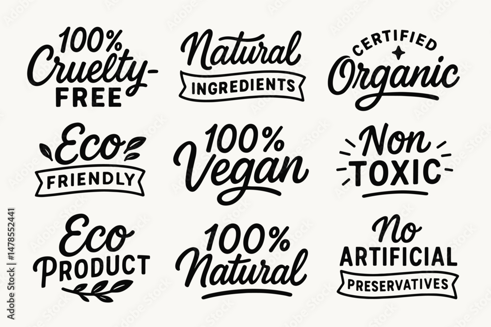 Fototapeta premium Hand drawn vegan, cruelty-free, and eco friendly product label badges set. Vector labels collection