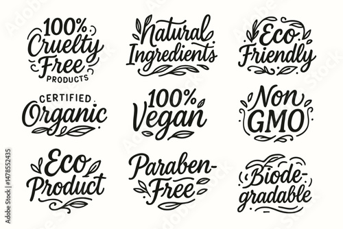 Hand drawn vegan, cruelty-free, and eco friendly product label badges set. Vector labels collection