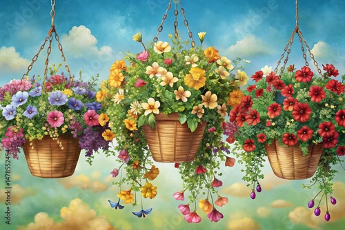 Hand-Painted Botanical Illustration: Hanging Flower Baskets with Detailed Blooms - Stock Photo