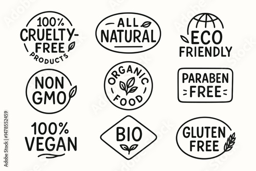 Hand drawn vegan, cruelty-free, and eco friendly product label badges set. Vector labels collection