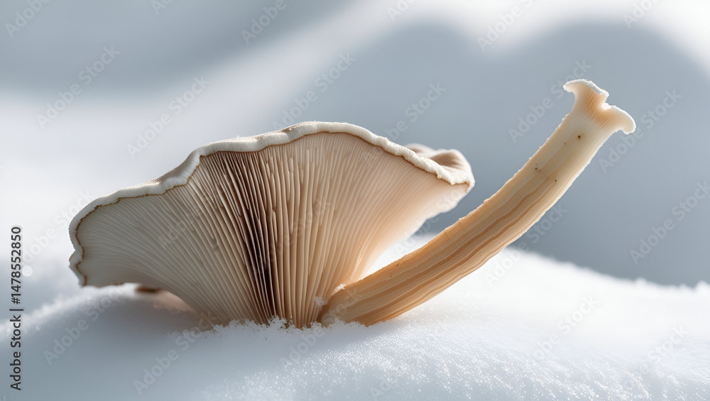 Isolated image of an oyster mushroom showing the intricate details of its cap and stem, captured close-up to emphasize its natural form and texture