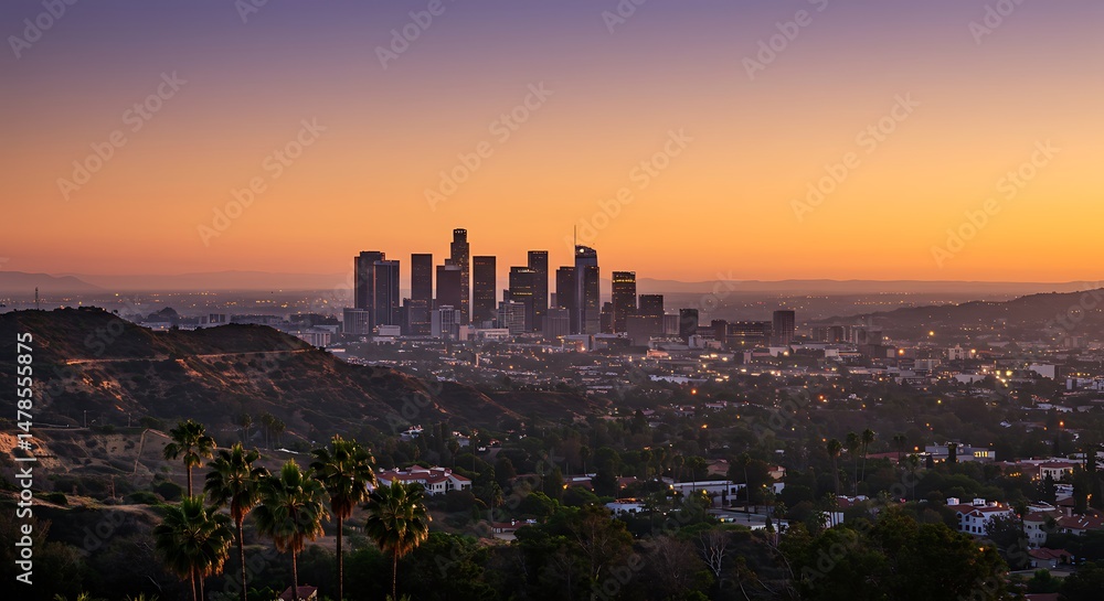 Obraz premium Golden Hour Skyline Citys Embrace Of Twilight Sunset Hues Over The City A Citys Fiery Farewell Urban Dawn Hilltop Cityscape Silhouetted Metropolis Evening City Glow City At Dusk Luminous Skyline