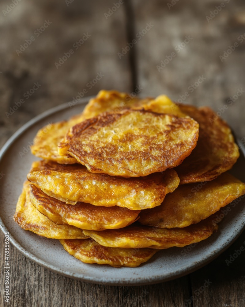 Stack of golden pumpkin fritters on rustic plate, overhead shot, homemade comfort food, autumn harvest, warm tones, wooden table Stack of golden pumpkin fritters on rustic plate, overhead shot, homemade comfort food, autumn harvest, warm tones, wooden table