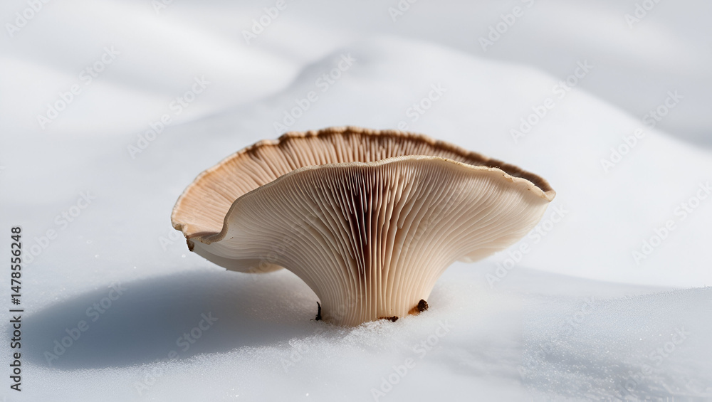 Macro shot of an oyster mushroom with a focus on its textured surface and organic shape placed against a white background to convey the essence of wild fungi and nature