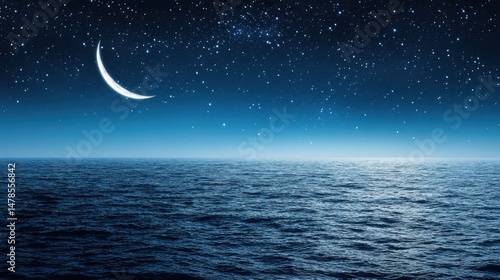 Crescent Moon Shining Over the Ocean at Night with a Sky Full of Stars Landscape View