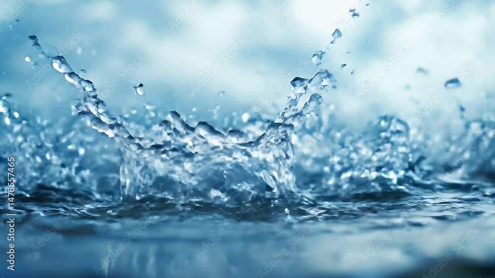 Close Up of Water Droplet Splash with Refractive Light Patterns on Calm Blue Background Close Up of Water Droplet Splash with Refractive Light Patterns on Calm Blue Background