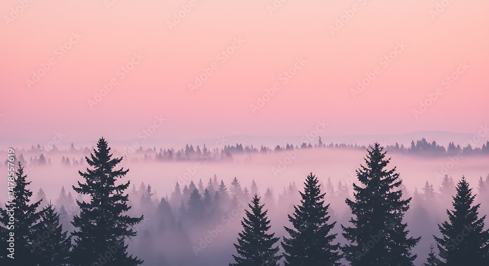 Obraz premium Foggy Forest at Sunrise with Pine Trees and Pink Sky