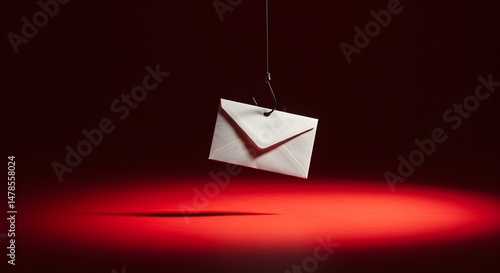 A white envelope hanging from a fishing hook against a red background with a bright red spotlight