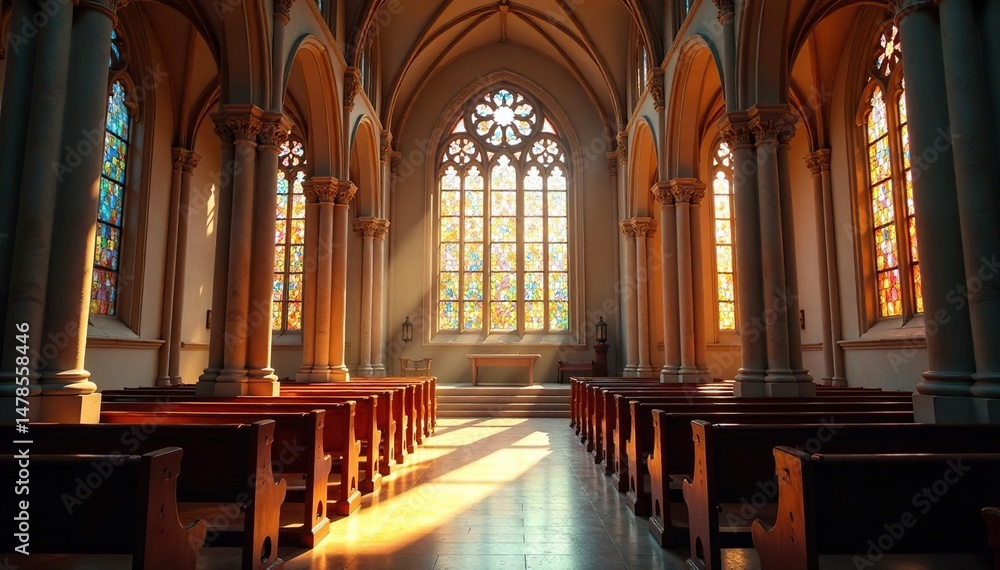 Fototapeta premium A serene church interior, sunlight streaming through stained glass windows , ambiance, serene, interior