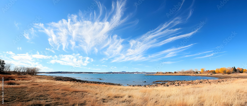 Obraz premium Panoramic View Of Lakeside Scenery Under A Dramatic Sky