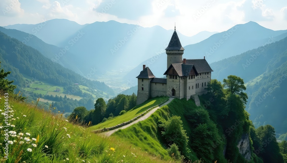 Ancient castle ruins overlooking misty Carpathian mountains , history, castle, stone Ancient castle ruins overlooking misty Carpathian mountains , history, castle, stone