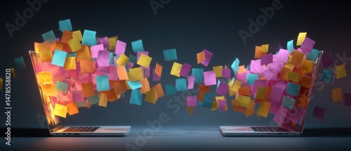 Two laptops exchanging colorful sticky notes in a digital communication concept studio shot with a dark background and soft lighting