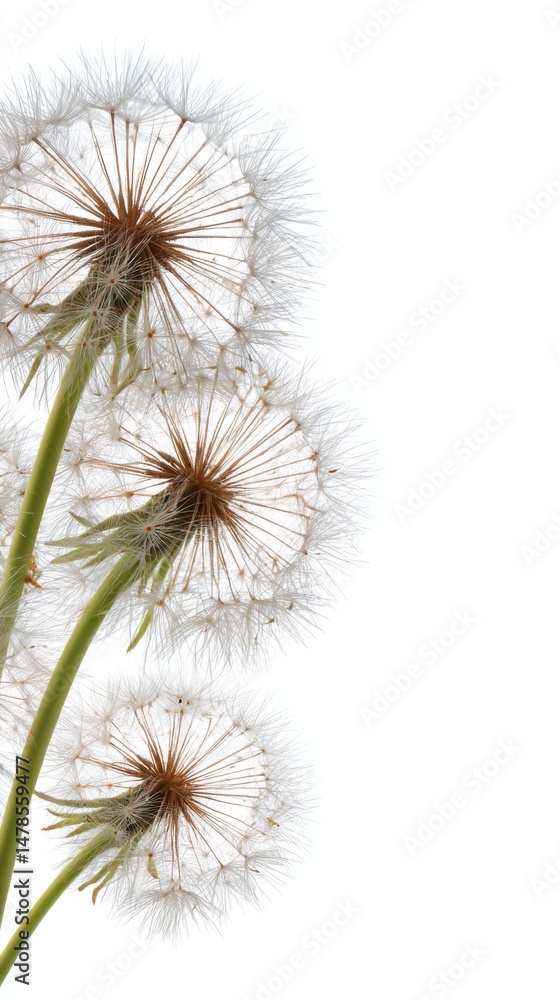 Obraz premium Dandelion Seed Heads Against White Background Close Up Vertical Composition Nature Spring Summer Beauty