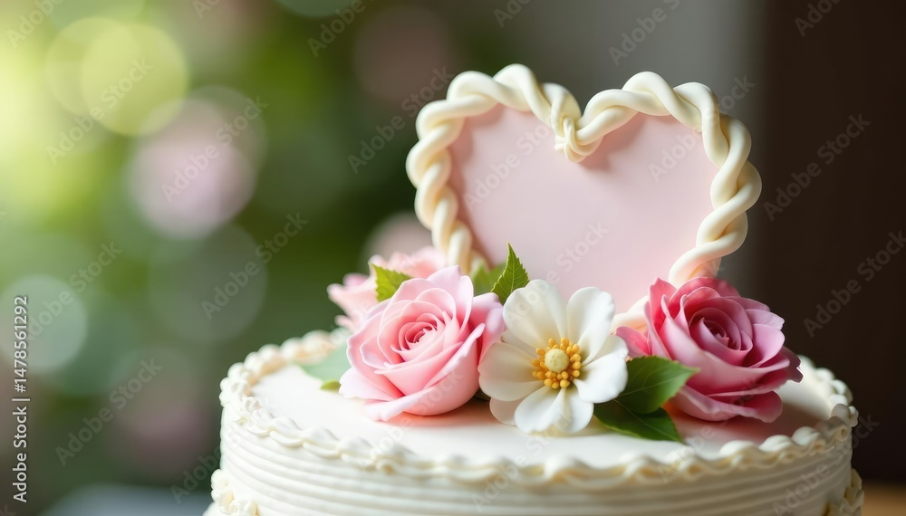 Close-up of a heart-shaped wedding cake topper, adorned with delicate floral details , roses, white Close-up of a heart-shaped wedding cake topper, adorned with delicate floral details , roses, white