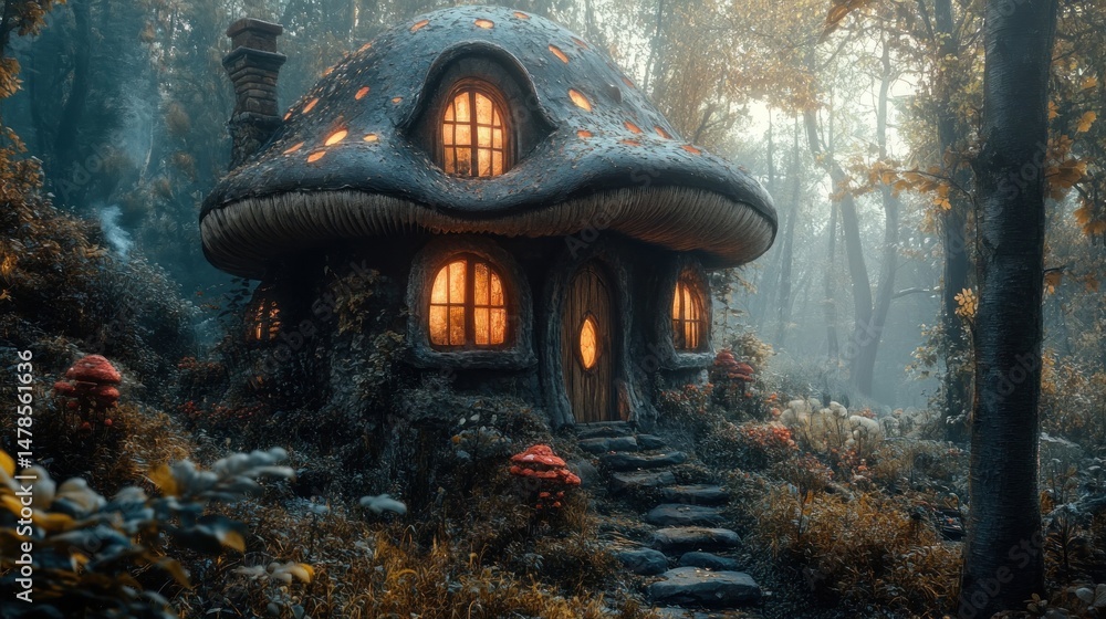 Fototapeta premium Enchanted Mushroom House in a Misty Forest