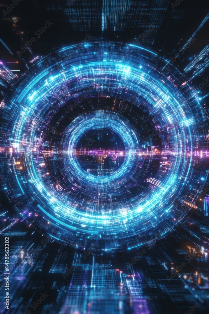 Fototapeta premium Abstract Technology Background with Glowing Circular Data Stream and Digital Grid Network Perspective View