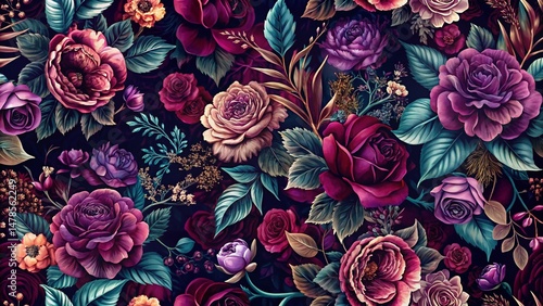 Low Light Floral Repeat Pattern Textile Design - Elegant Dark Bloom Print