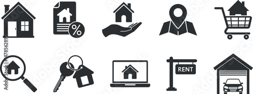 Real Estate Solid Icons. property, mortgage, rental, location, keys, home, house.
solid icon vector illustration. silhouette icon