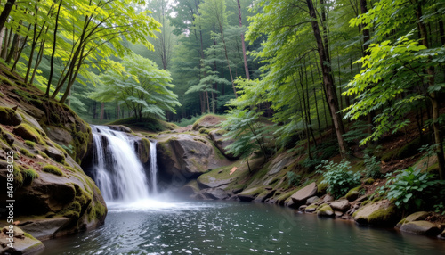 Serene waterfall cascades into tranquil pool, surrounded by lush green trees and moss covered rocks, creating peaceful natural oasis. vibrant foliage enhances calming atmosphere