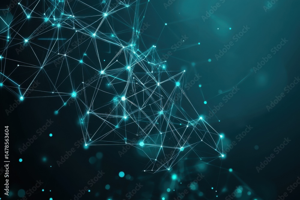 Abstract technology network with glowing nodes and connecting lines on dark teal background futuristic digital design Abstract technology network with glowing nodes and connecting lines on dark teal background futuristic digital design