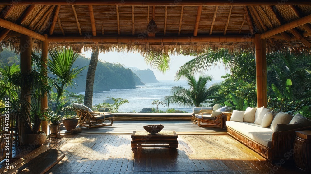 Fototapeta premium Serene Tropical Getaway: Bamboo Pavilion with Ocean View