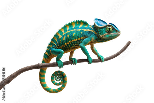 Vibrant Green and Yellow Chameleon on Branch Exotic Reptile Close-Up