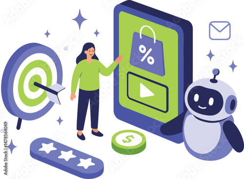 E-commerce Marketing Strategy with Chatbot, Vector Illustration.