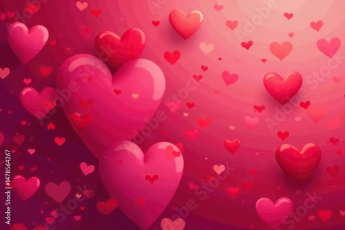 Abstract background of overlapping hearts, various shades of red and pink , love hearts, romantic hearts, illustration