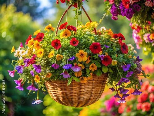 Lush Hanging Basket of Organic Flowers, Panoramic View, Detailed Texture