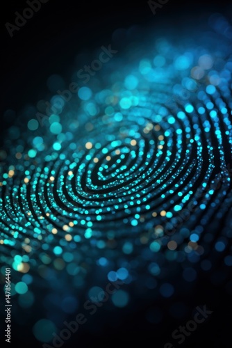 Abstract fingerprint pattern of glowing blue and gold bokeh lights on dark background, close up, macro, studio shot, technology concept