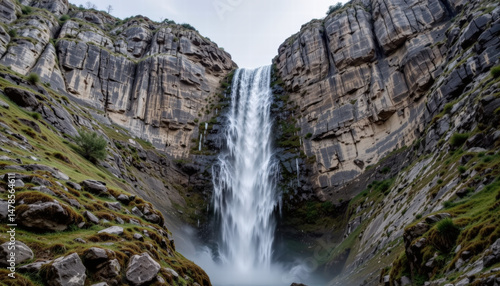 Stunning waterfall cascades down rocky cliff, surrounded by lush greenery and rugged terrain. scene captures beauty of nature, showcasing power and tranquility of flowing water