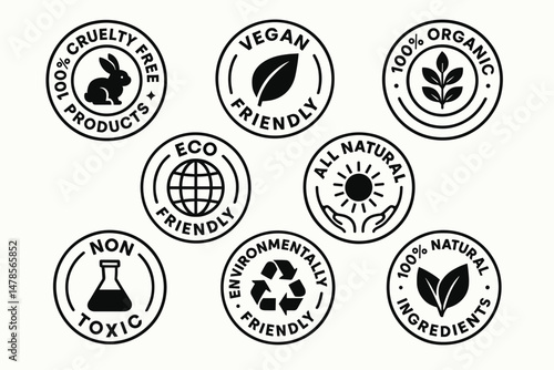 Vegan, cruelty-free, and eco friendly product certification labels and natural ingredient vector badges set
