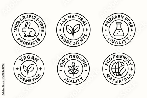 Vegan, cruelty-free, and eco friendly product certification labels and natural ingredient vector badges set
