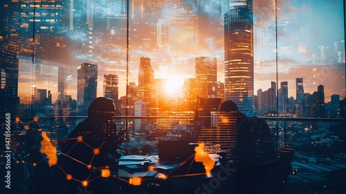 Stock photo concept: A multinational business meeting in a high rise office, double exposure with global connections and corporate expansion