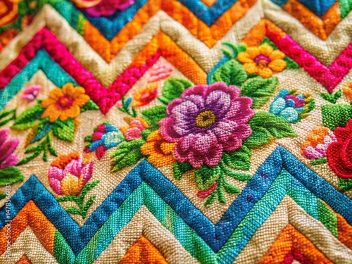 Macro Floral Chevron Linen Texture - Elegant Botanical Fabric Detail Stock Photo