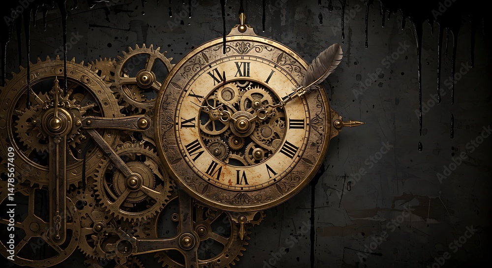 Naklejka premium Vintage Clock and Gears Illustration with Feather and Grunge Background